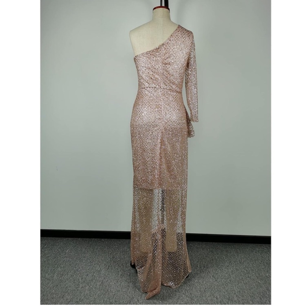 One Shoulder Formal Evening High Waist Sequins Party Dress Pinkish Beige Size: L - Picture 3 of 4